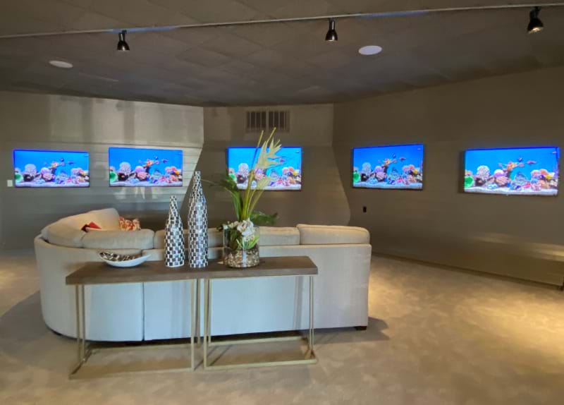 A rounded sofa facing a wall of different sized flatscreen TVs, all displaying aquariam screen savers